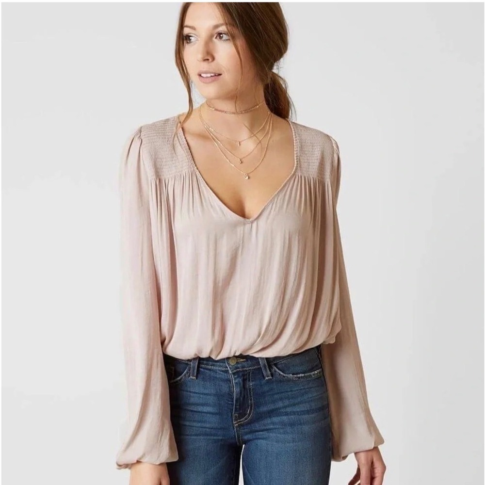Free People Intimately Smocked V-Neck Long Sleeve Bodice Bodysuit Pink Small